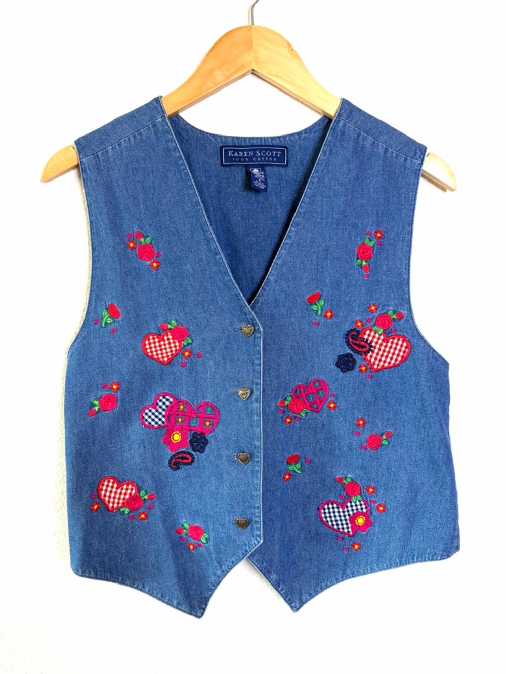 100% cotton embroidered patchwork Blue denim vest vintage cottagecore heart red